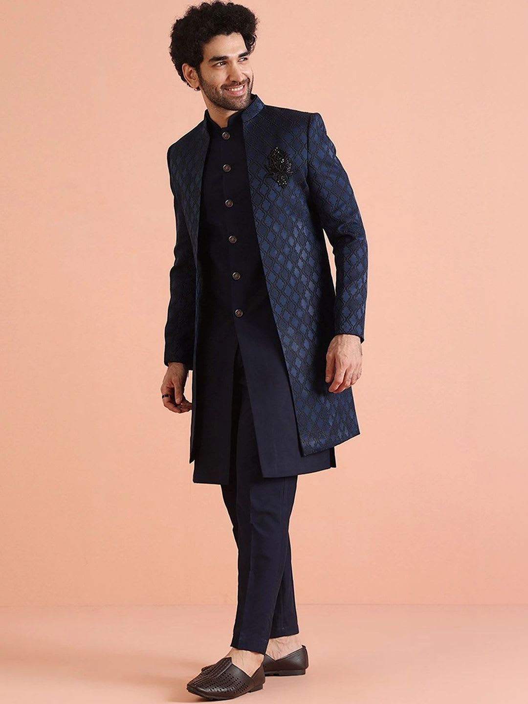 KISAH Men Jacquard Regular Fit Ethnic Motifs Jacket Sherwani Trouser Set - default view