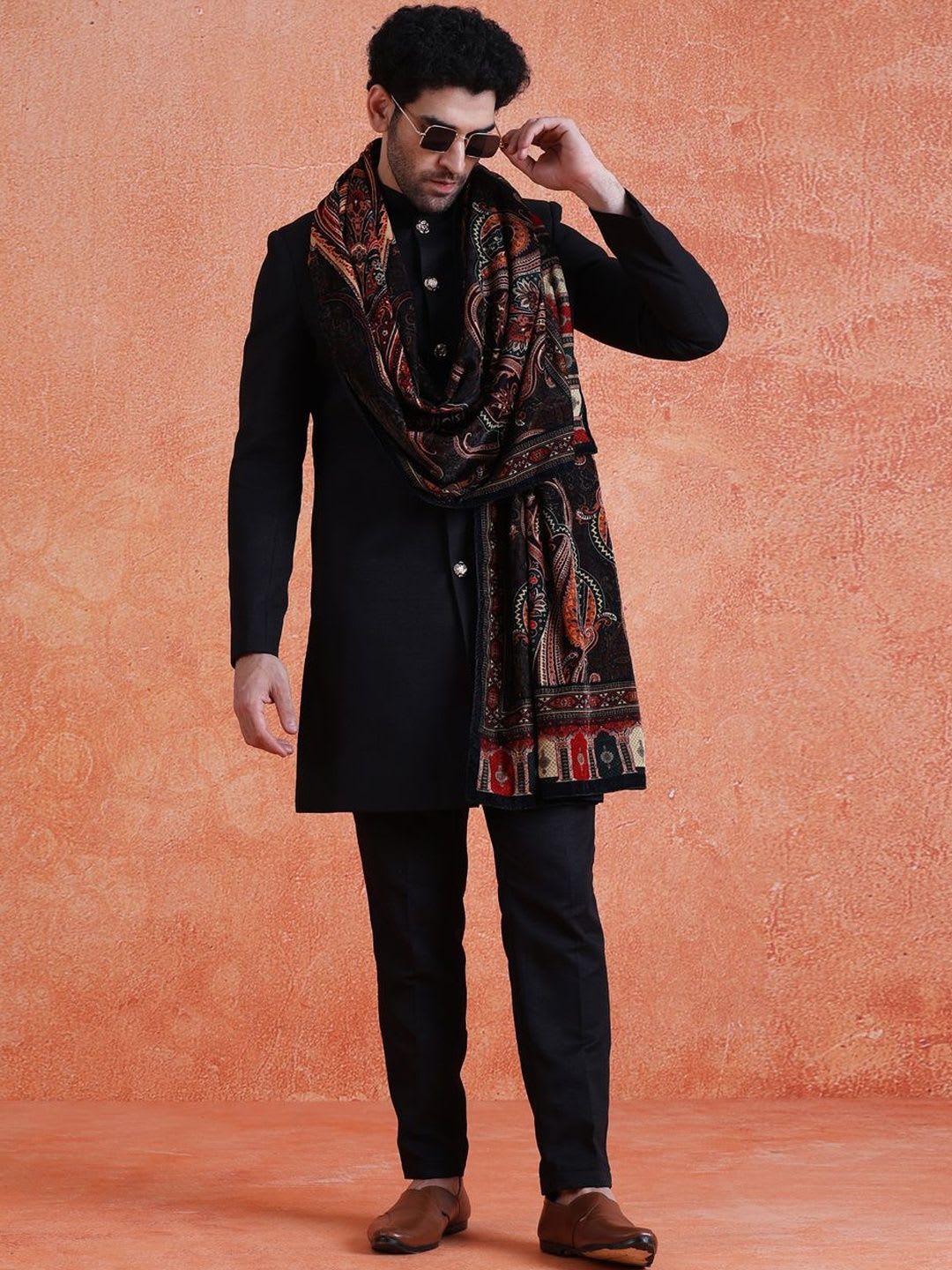 KISAH Solid Black Mandarin Collar Knee Length Velvet Sherwani With Dupatta - default view