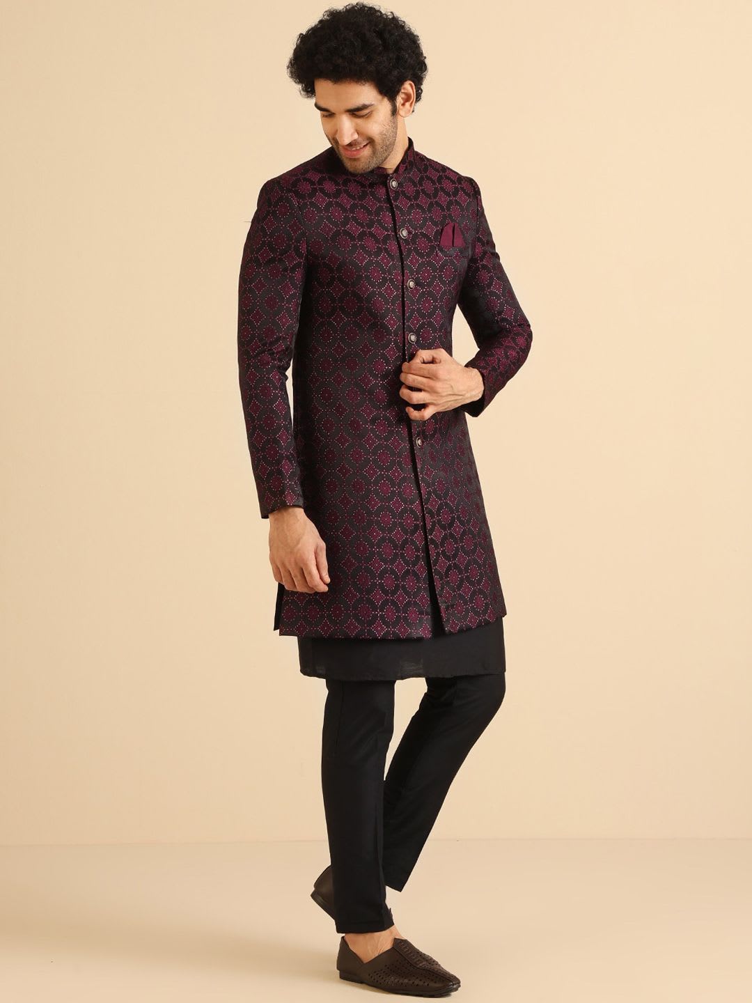 KISAH Men Self Design Indowestern Sherwani Set - default view
