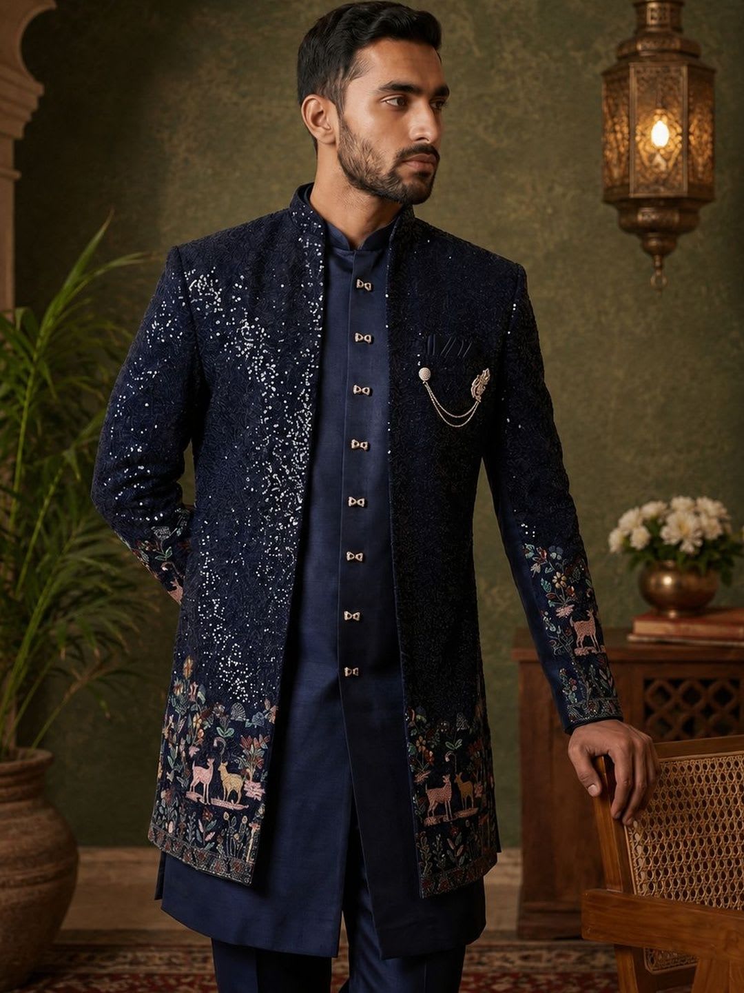 Jompers Embroidered Mandarin Collar Sherwani Set - default view
