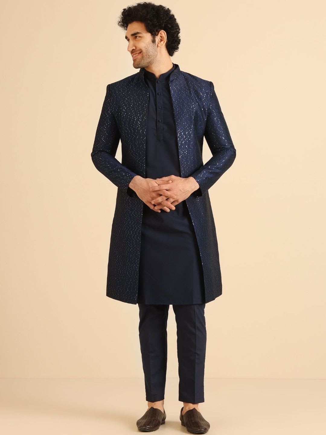 KISAH Men Navy Blue Embellished Indowestern Sherwani Trouser Set Ethnic Wear - default view