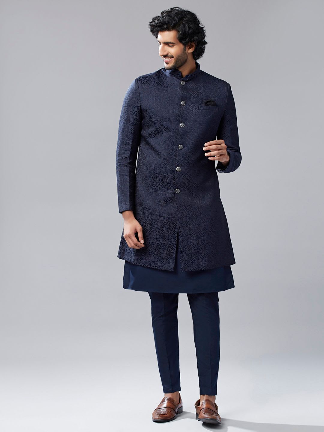 KISAH Men Navy Blue Self-Design Cotton Indowestern Sherwani Set - default view