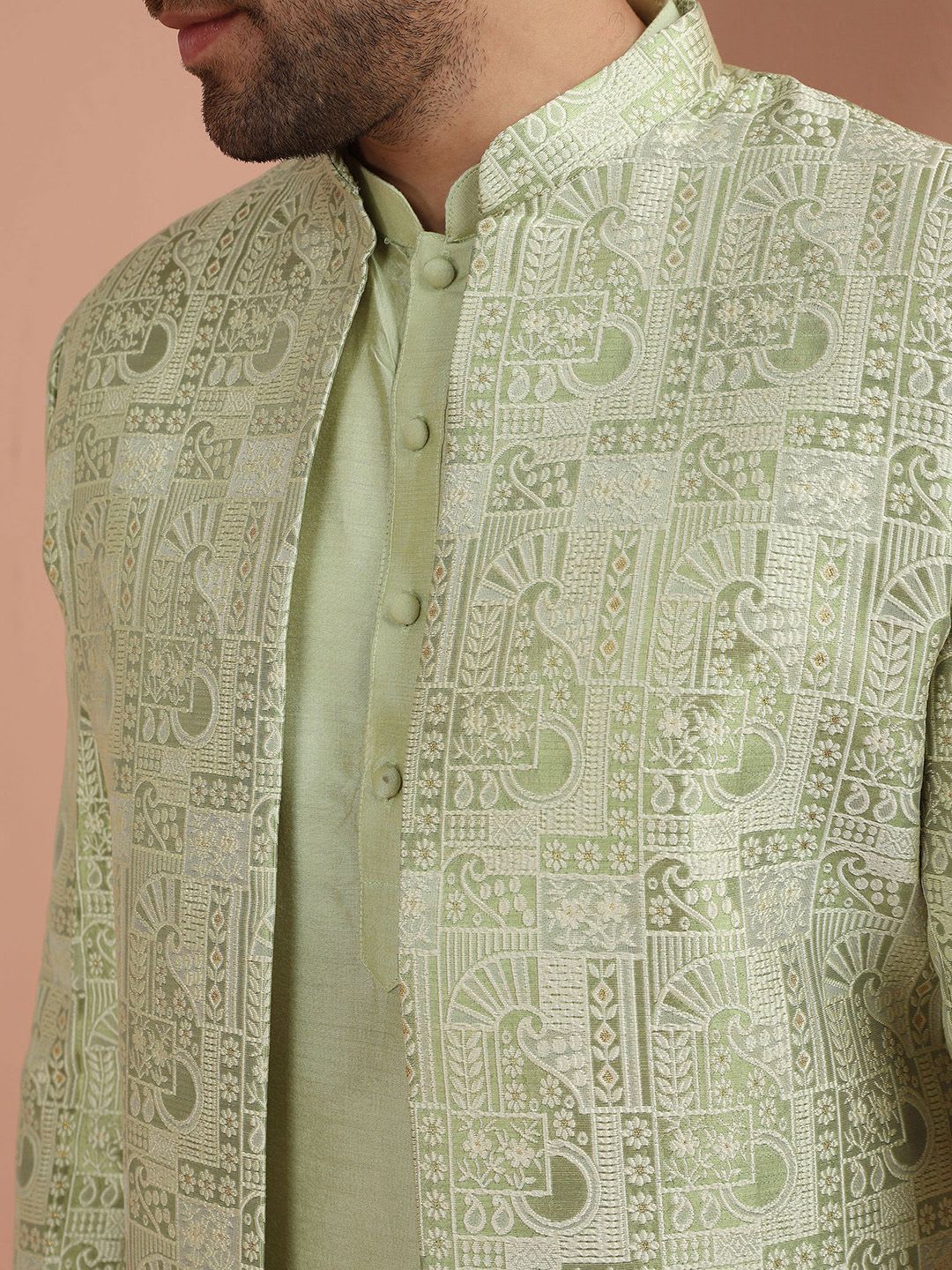 KISAH Men Green Self-Design Cotton Indowestern Sherwani Set - back view