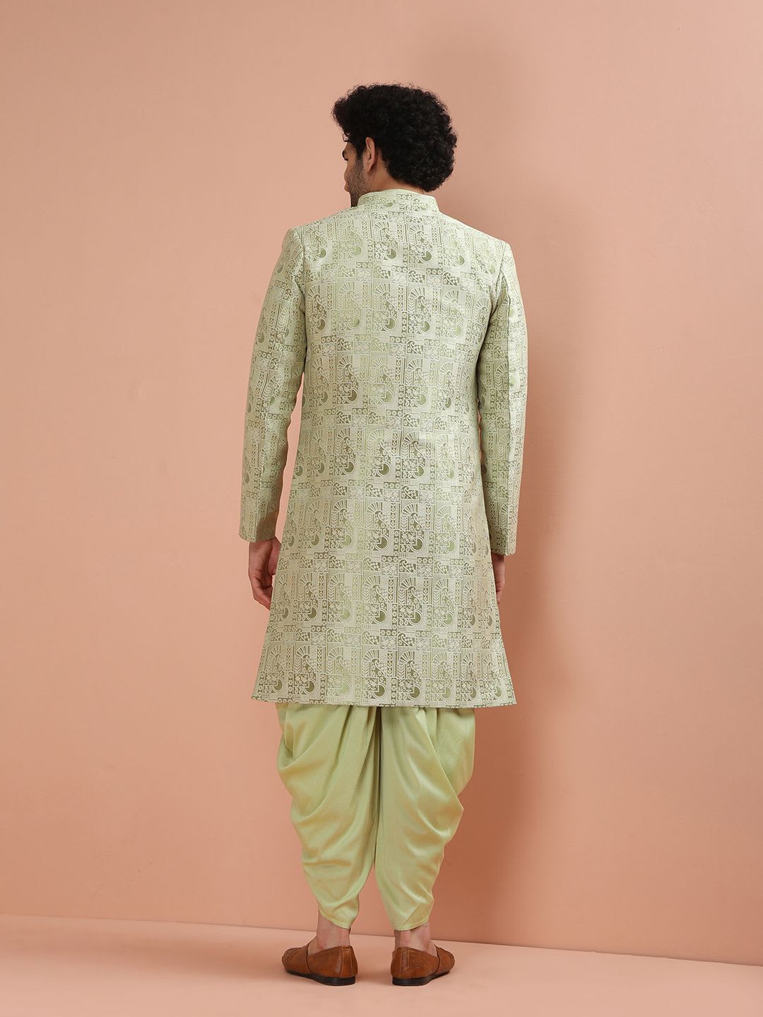 KISAH Men Green Self-Design Cotton Indowestern Sherwani Set - left view