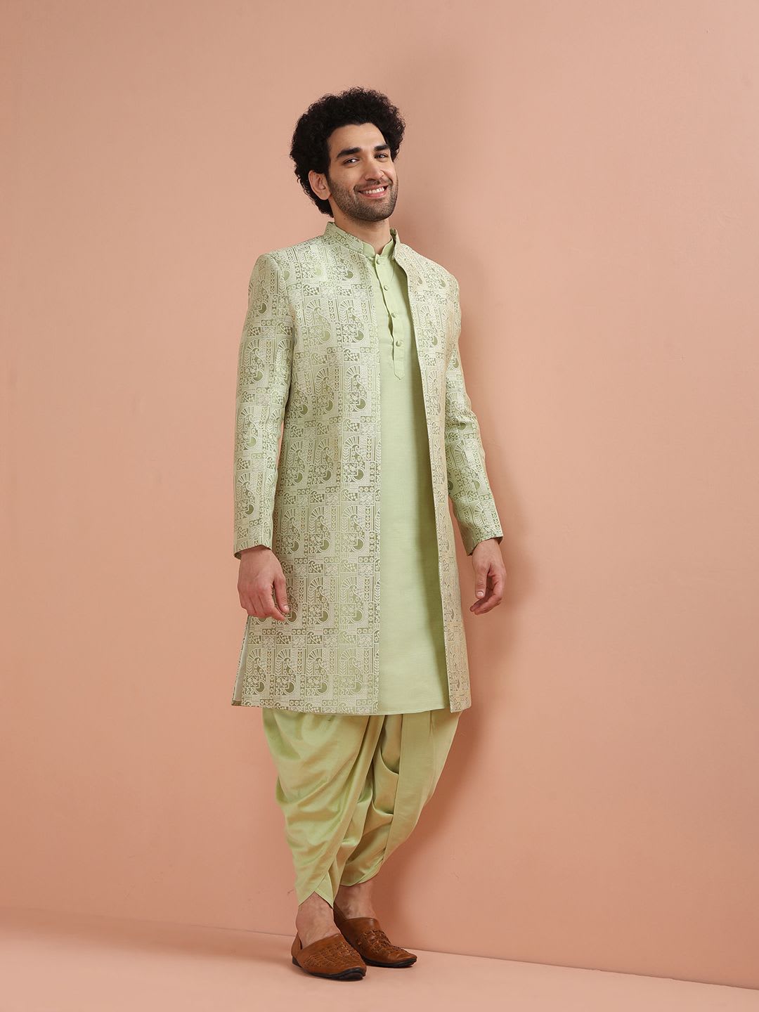 KISAH Men Green Self-Design Cotton Indowestern Sherwani Set - right view