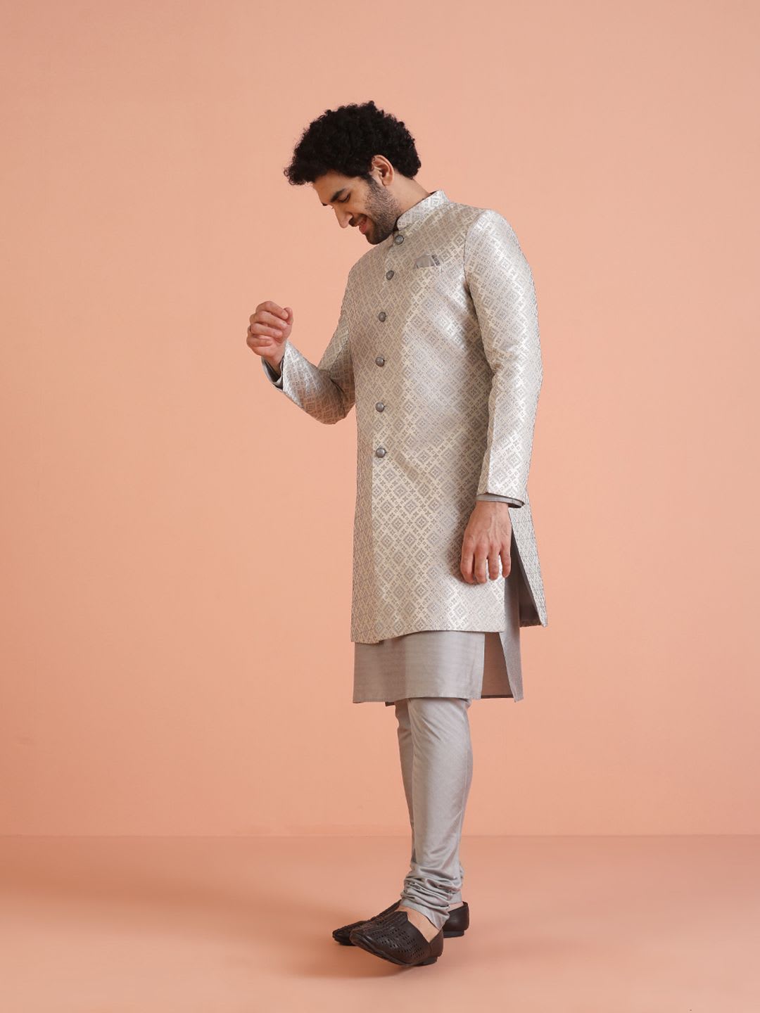 KISAH Men Grey Woven-Design Cotton Indowestern Sherwani Set - left view