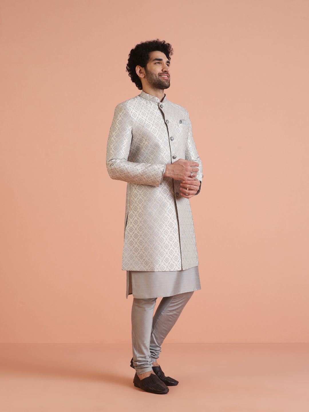 KISAH Men Grey Woven-Design Cotton Indowestern Sherwani Set - right view