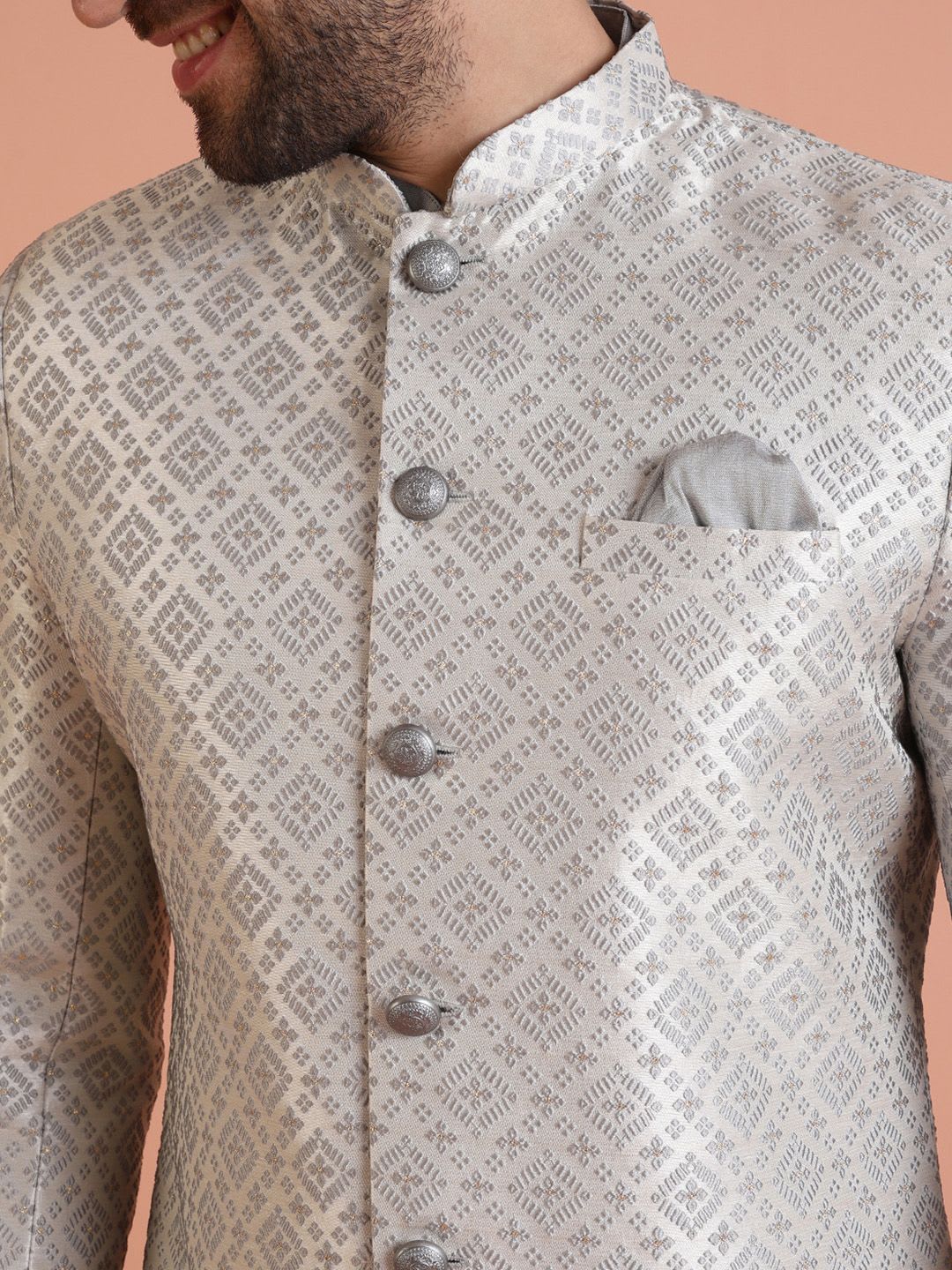 KISAH Men Grey Woven-Design Cotton Indowestern Sherwani Set - back view