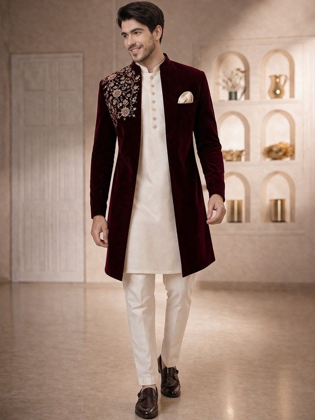 House of Pataudi Embroidered Mandarin Collar Sherwani Set - default view