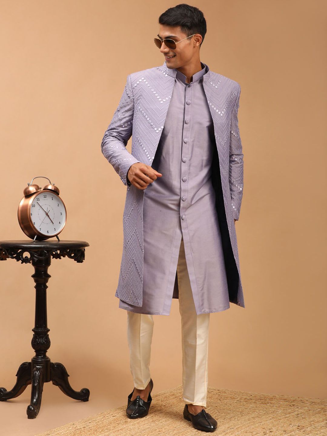 VASTRAMAY Men Purple Mirror Work Front Open Sherwani Over Kurta Pyjama Set - left view