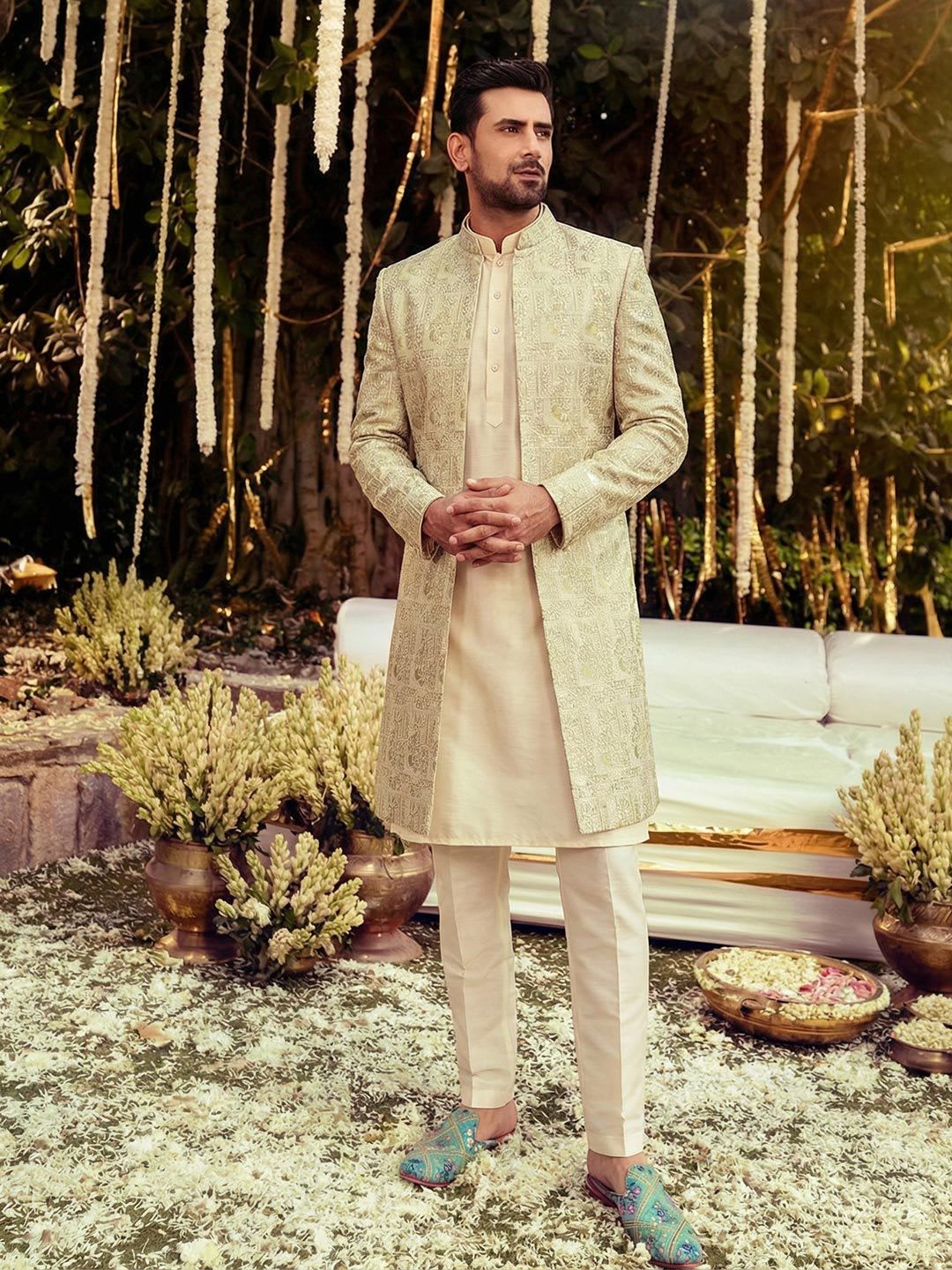 KISAH Men Beige Self-Design Cotton Indowestern Sherwani Trouser Set - default view