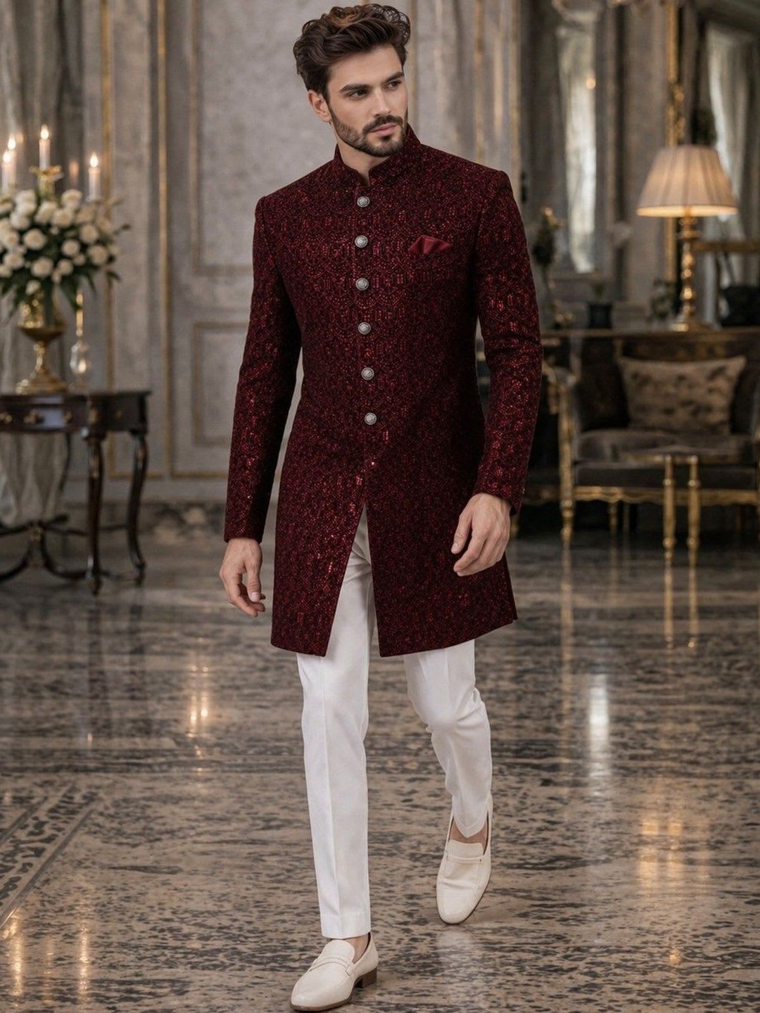 House of Pataudi Self Designed Mandarin Collar Sherwani - default view