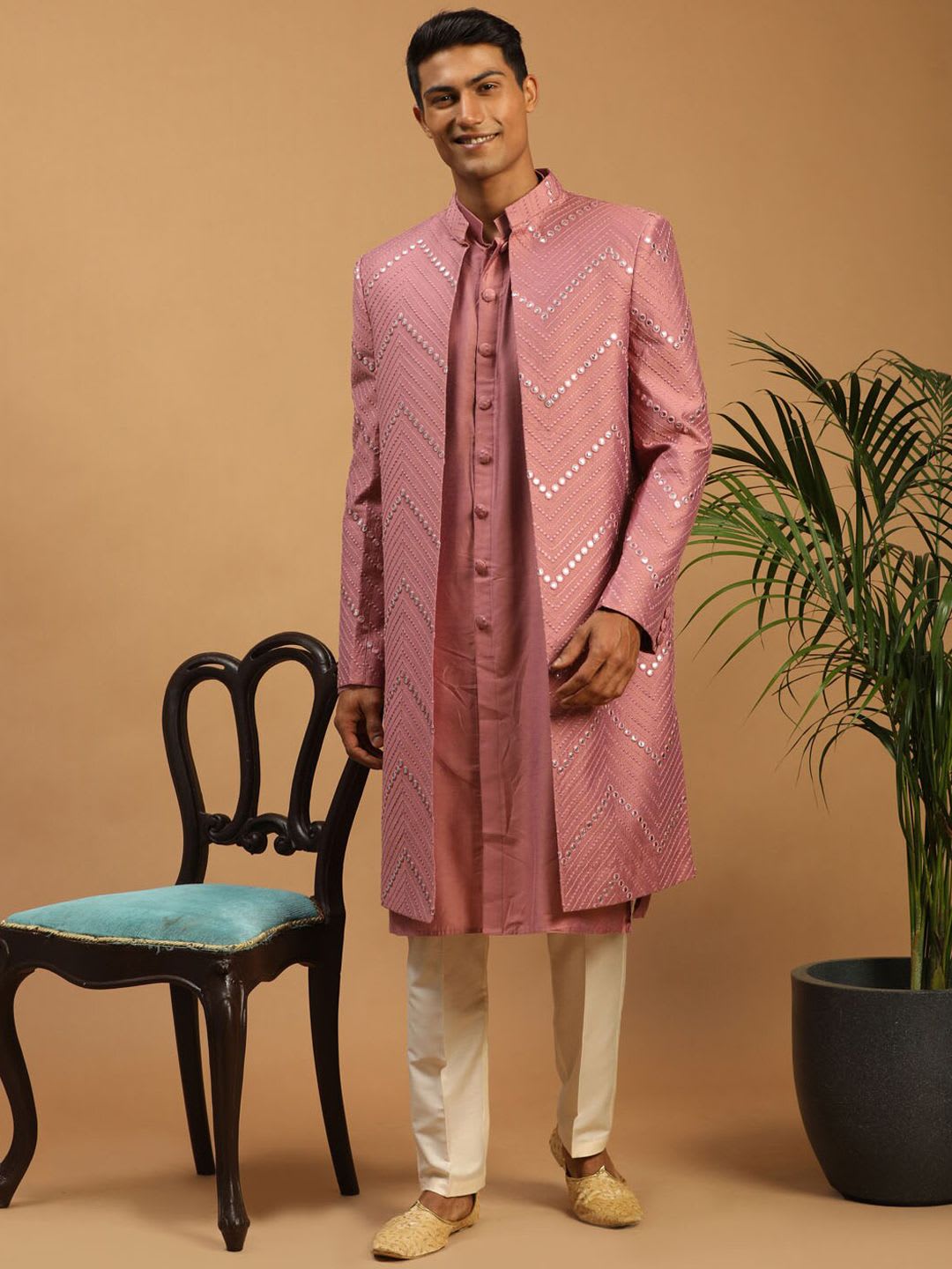 VASTRAMAY Men Pink & Cream-Coloured Mirror Work Front Open Sherwani Set - default view