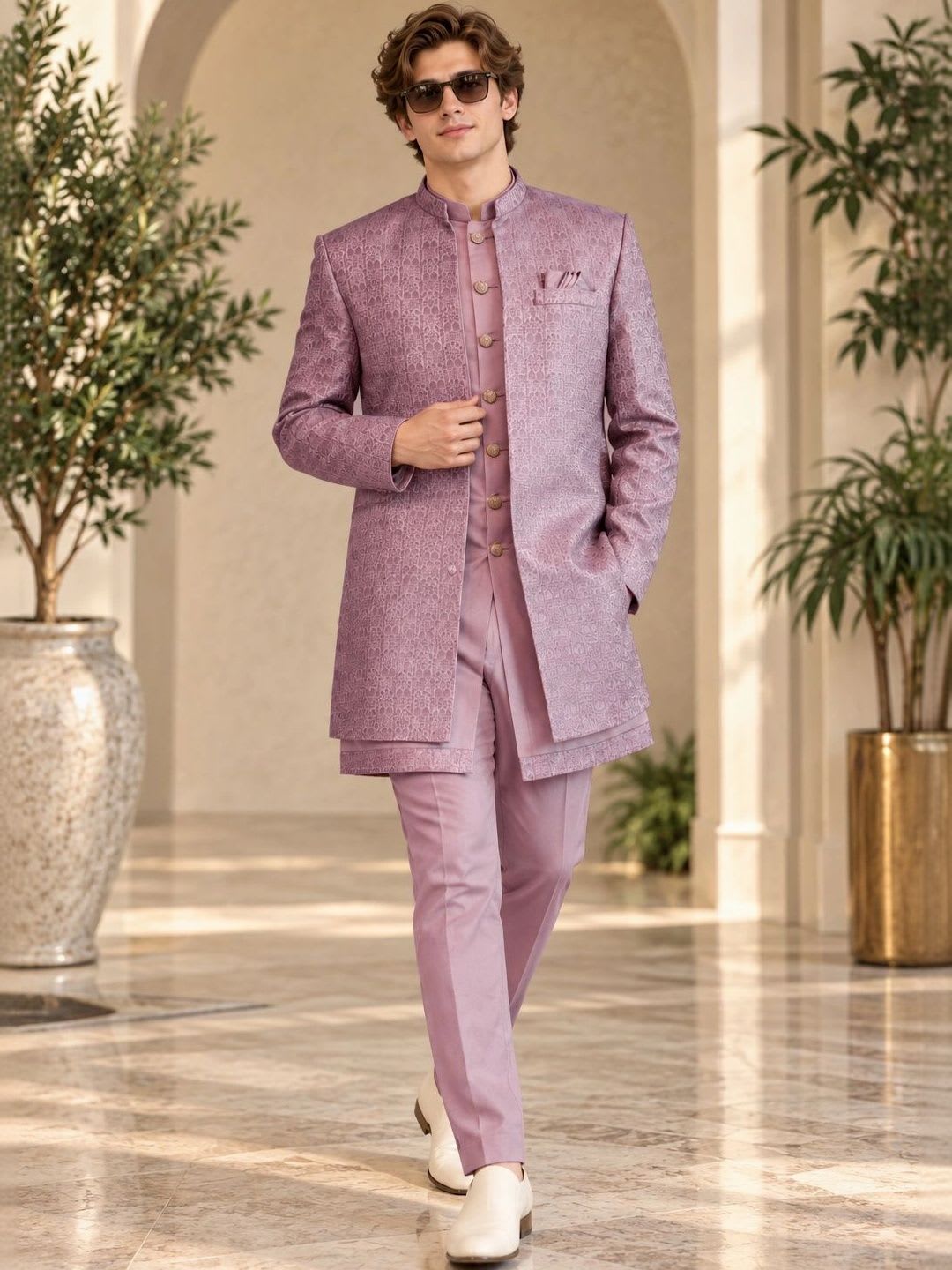 House of Pataudi Textured Jacquard Mandarin Collar Sherwani Set - default view