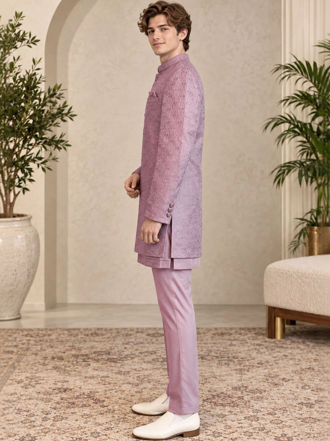 House of Pataudi Textured Jacquard Mandarin Collar Sherwani Set - back view