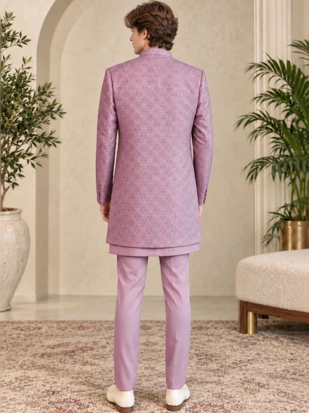 House of Pataudi Textured Jacquard Mandarin Collar Sherwani Set - right view