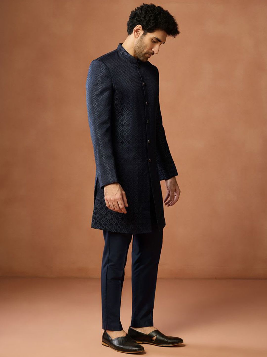KISAH Men Indo Western Sherwani Trouser Set Jacquard Achkan with Red Pocket Square - right view