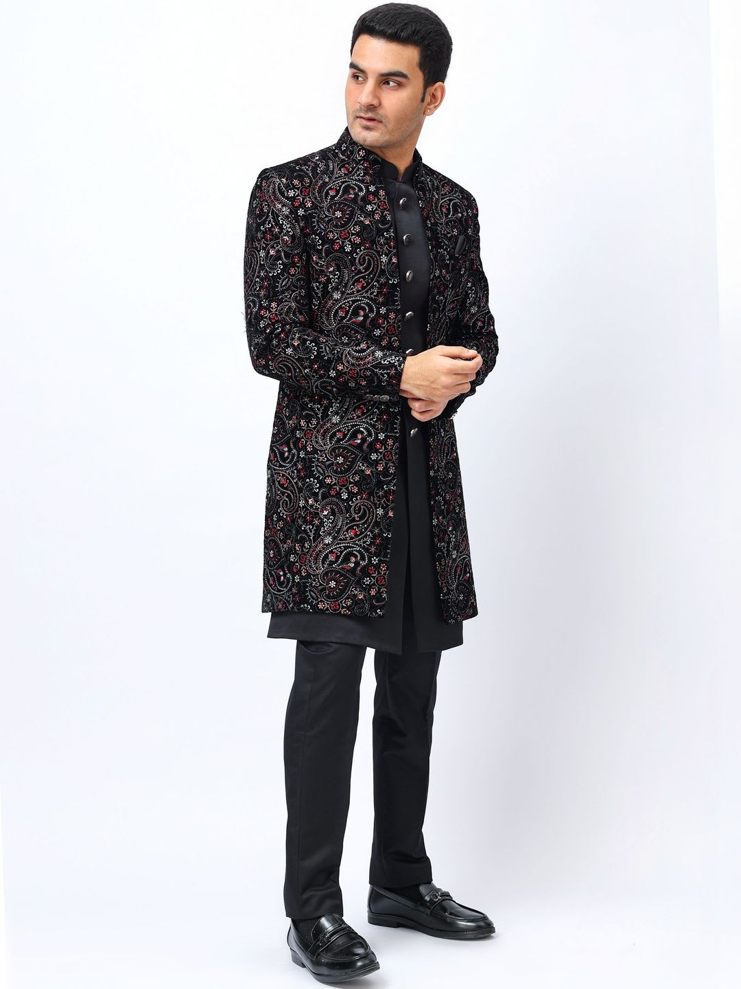 Aesthelia Men Embroidered Mandarin Collar Neck Sherwani - back view