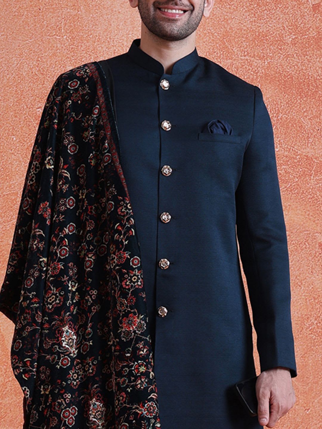 KISAH Solid Blue Mandarin Collar Knee Length Velvet Sherwani Set - right view