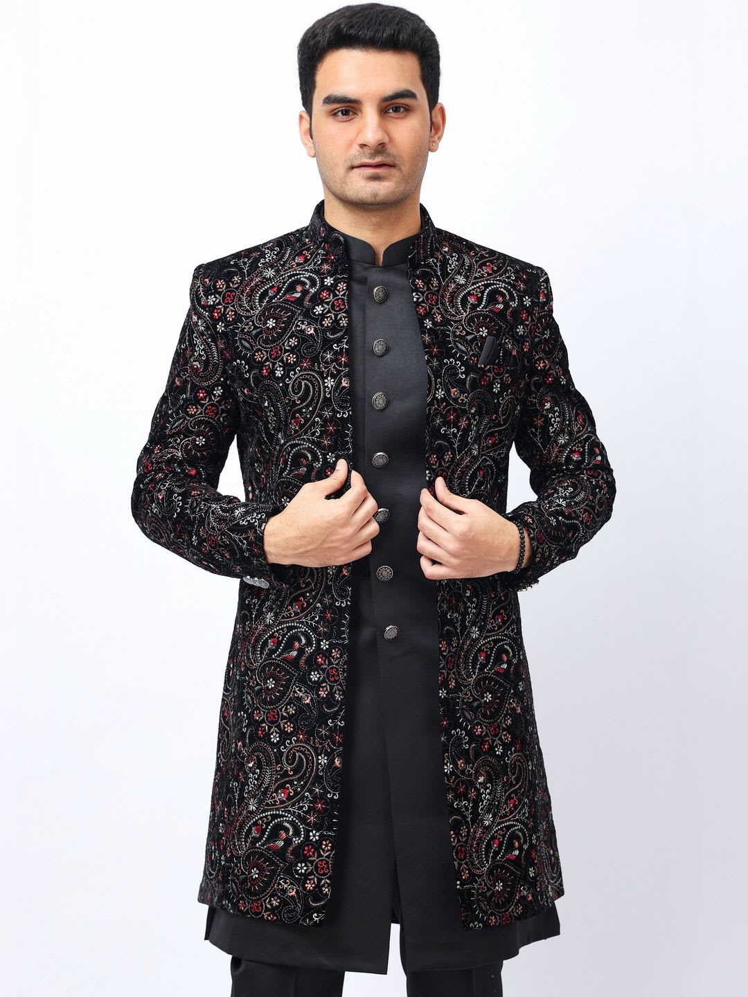 Aesthelia Men Embroidered Mandarin Collar Neck Sherwani - left view