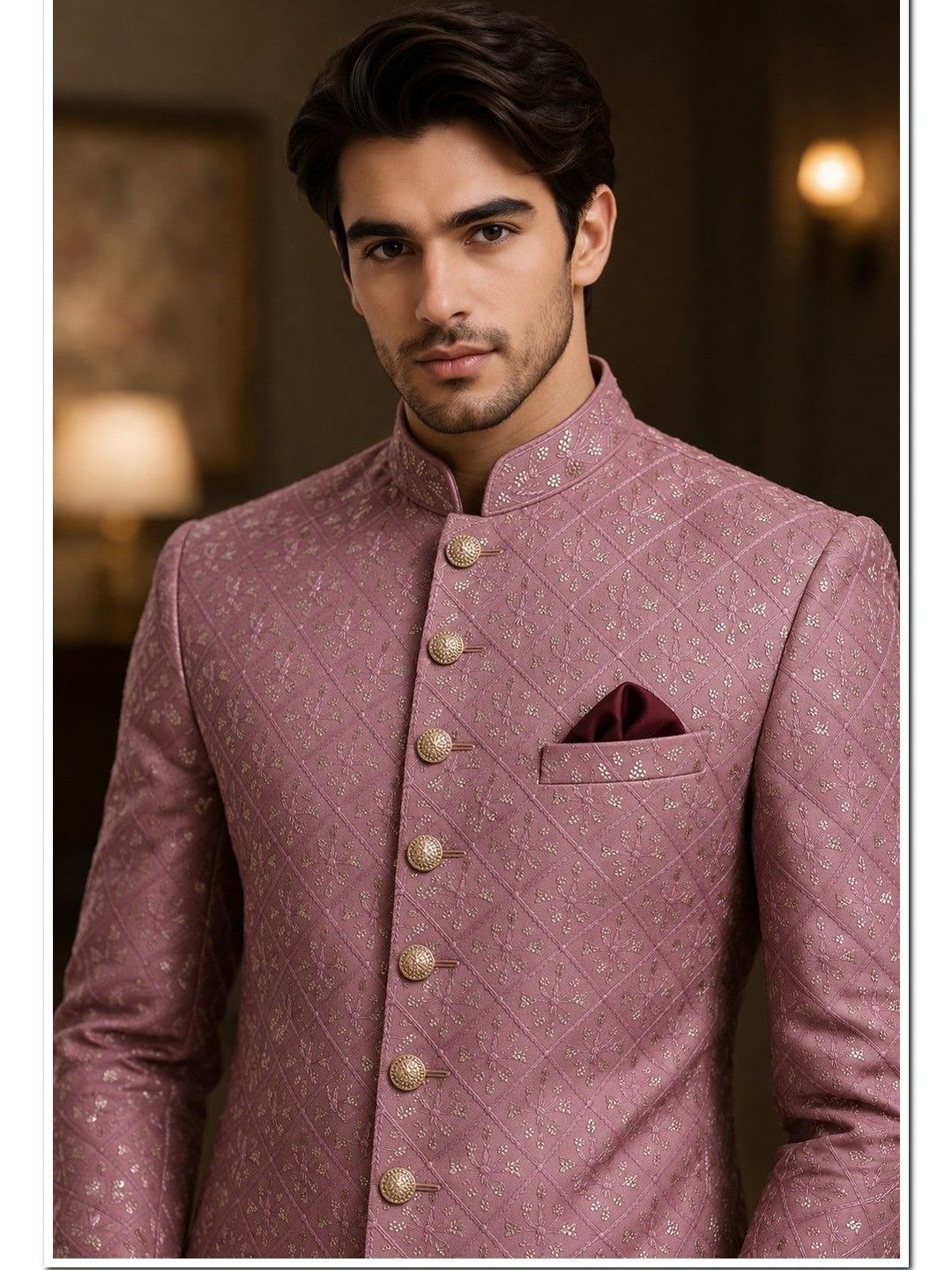 House of Pataudi Self Design Mandarin Collar Sherwani - default view