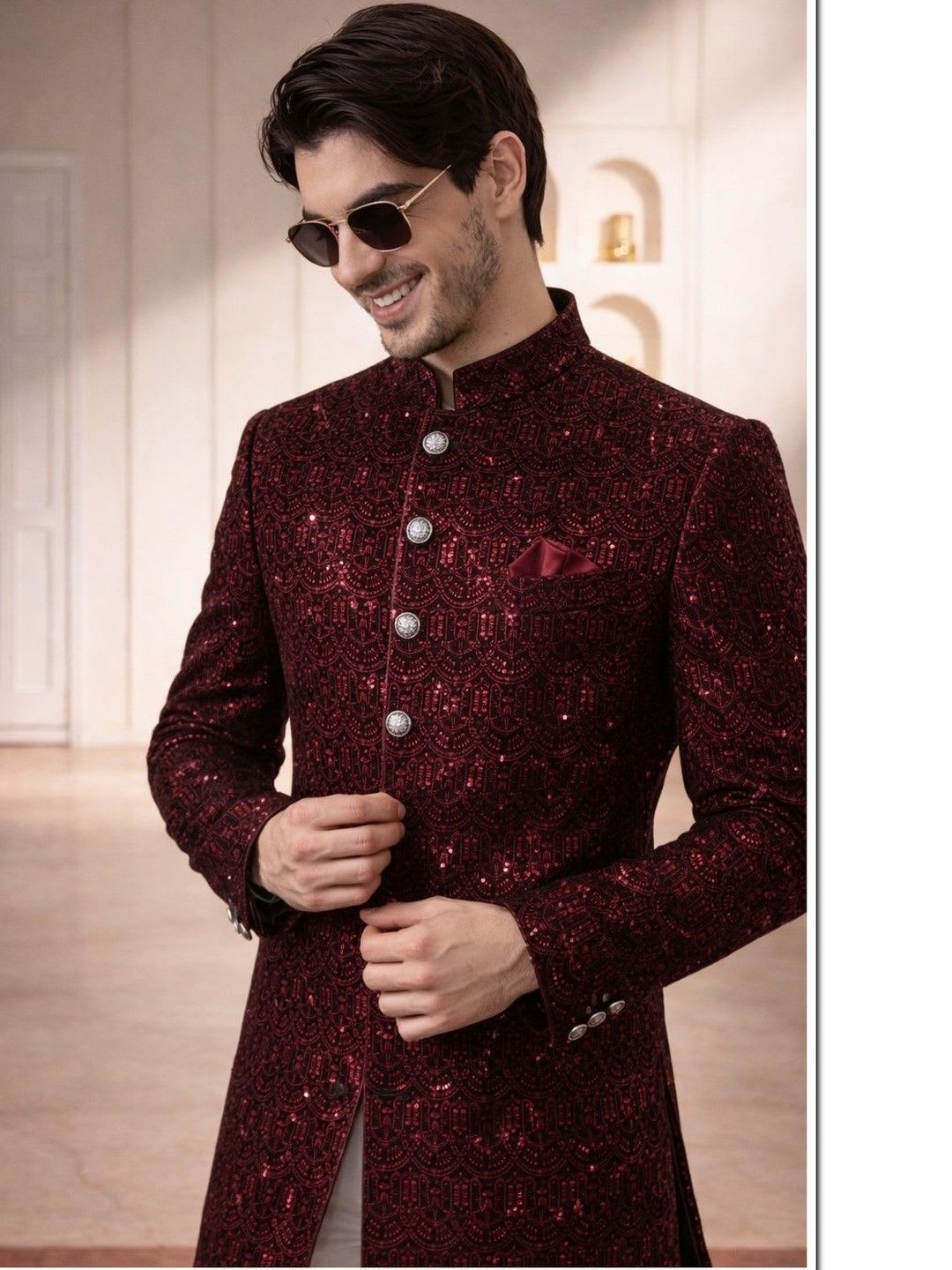 House of Pataudi Self Design Mandarin Collar Sherwani With Trousers - default view