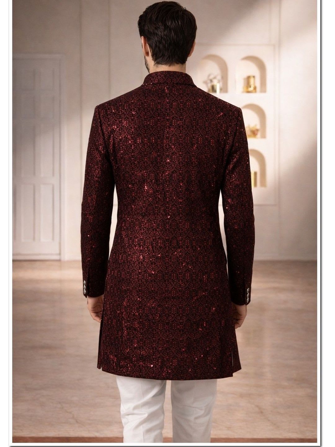 House of Pataudi Self Design Mandarin Collar Sherwani With Trousers - right view