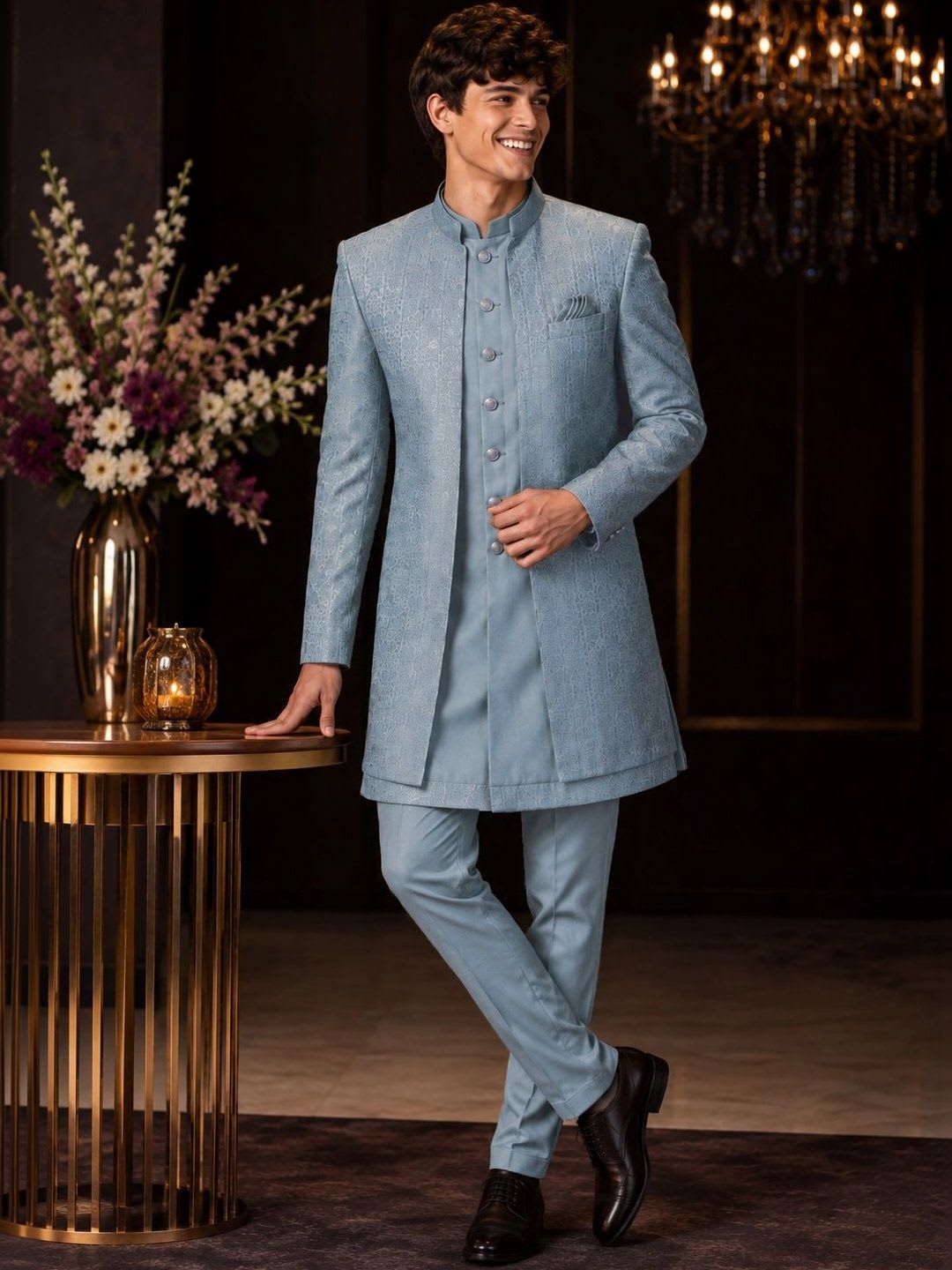 House of Pataudi Textured Indo-Western Sherwani Set - default view