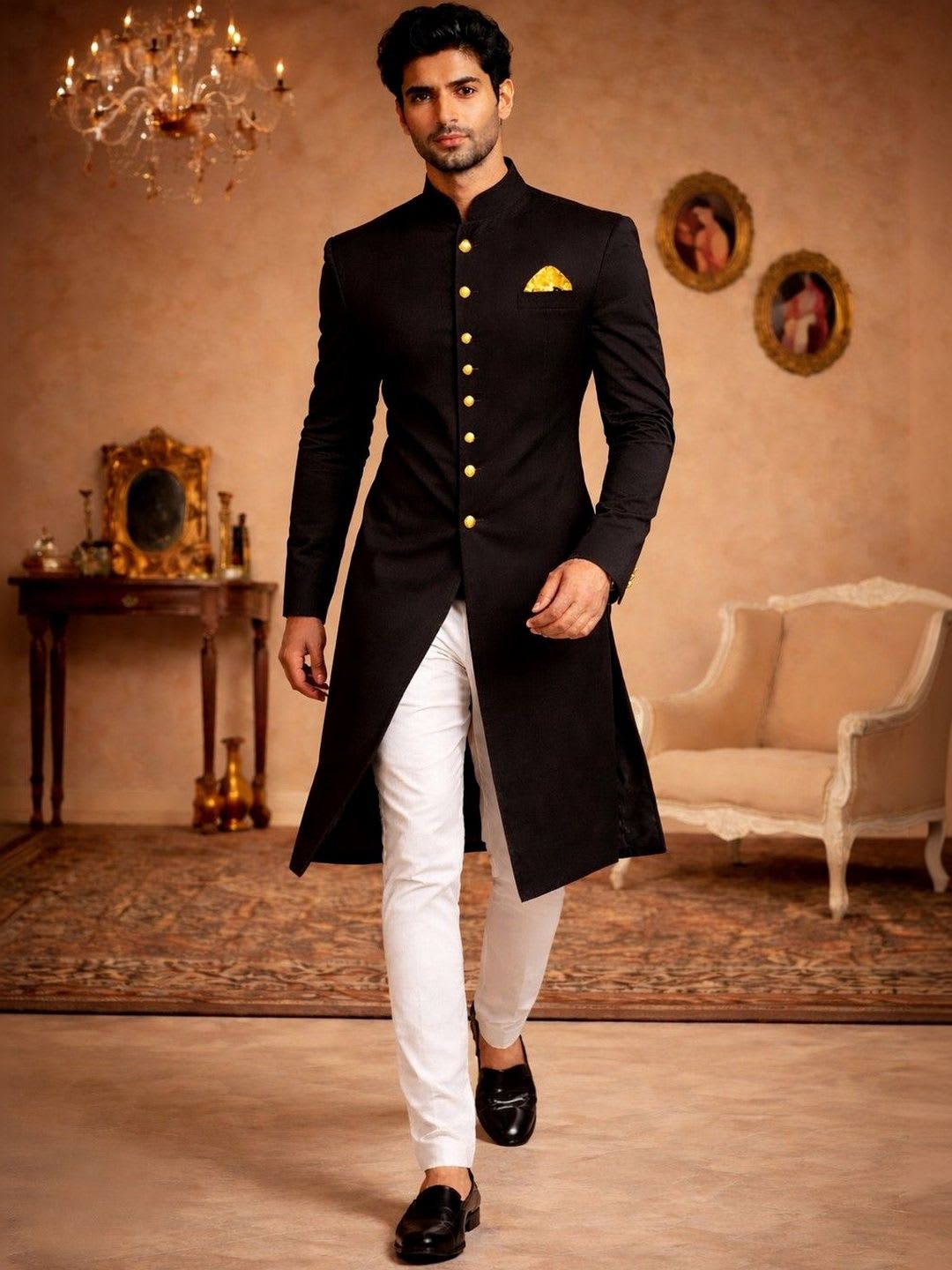 House of Pataudi Pure Cotton Mandarin Collar Sherwani Set - default view