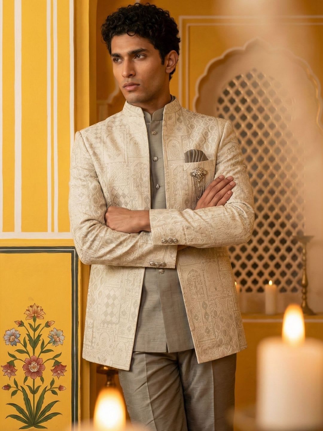 Jompers Self Design Mandarin Collar Sherwani - default view