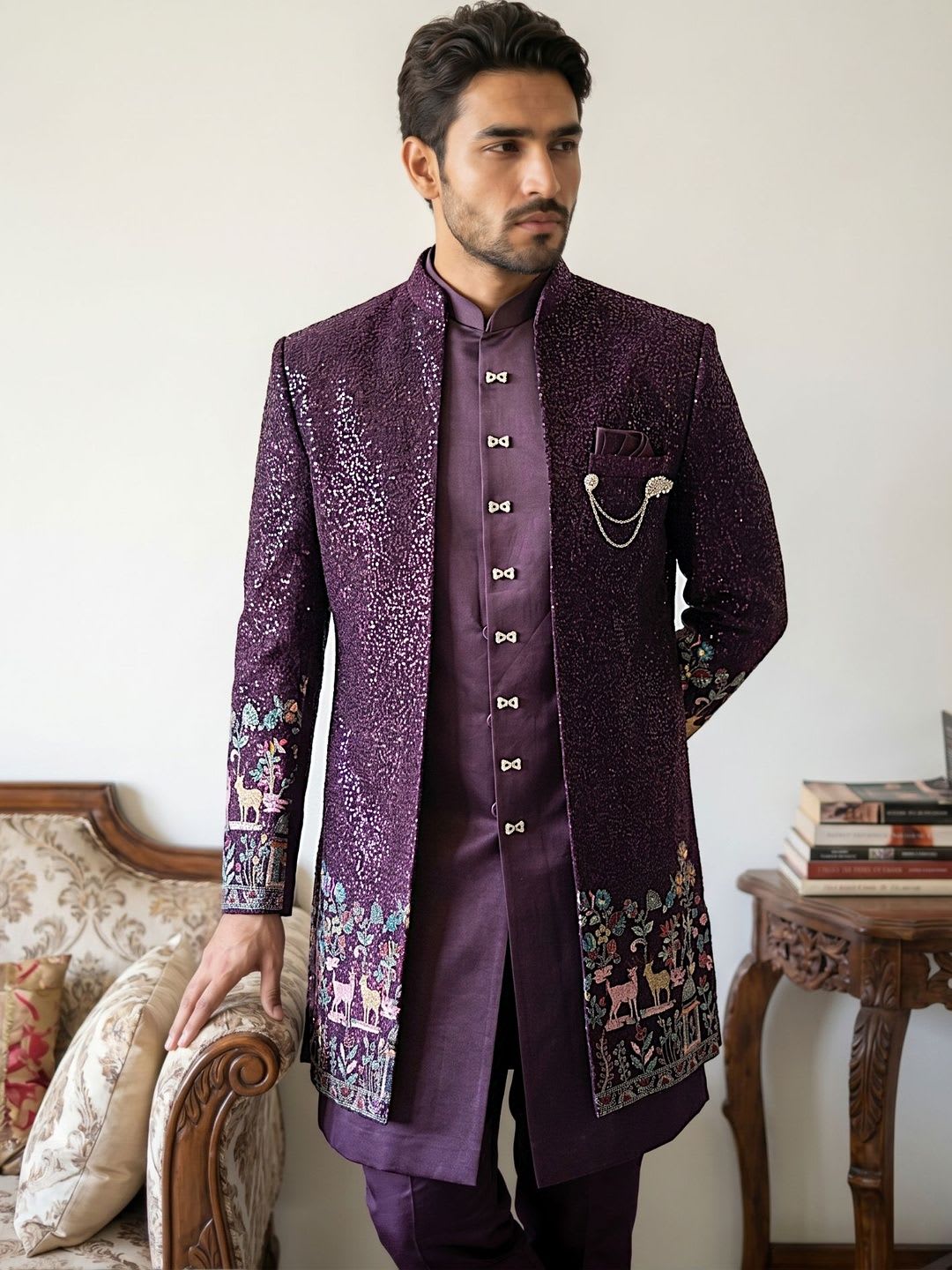 Jompers Embroidered Mandarin Collar Sherwani Set - default view