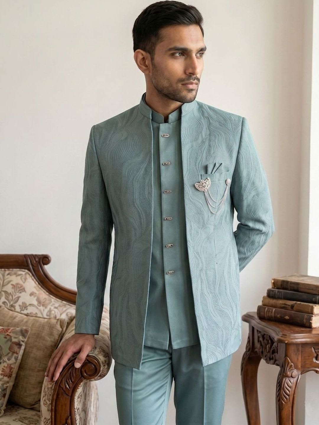 Jompers Embroidered Mandarin Collar Sherwani Set - default view