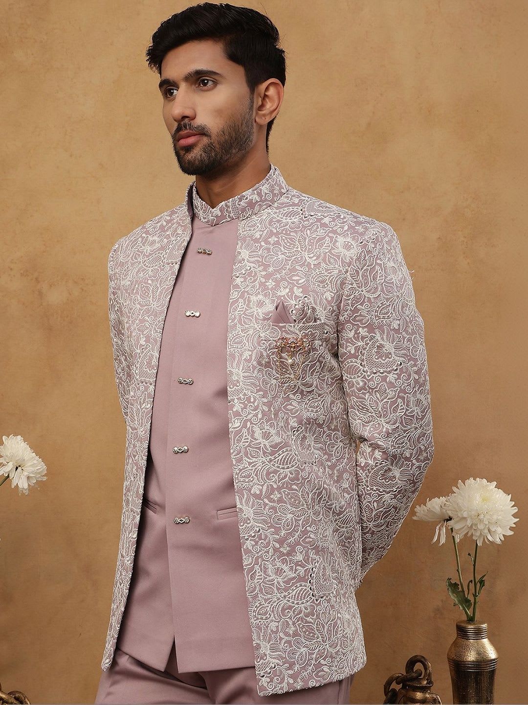 Jompers Embroidered Mandarin Collared Sherwani Set - default view