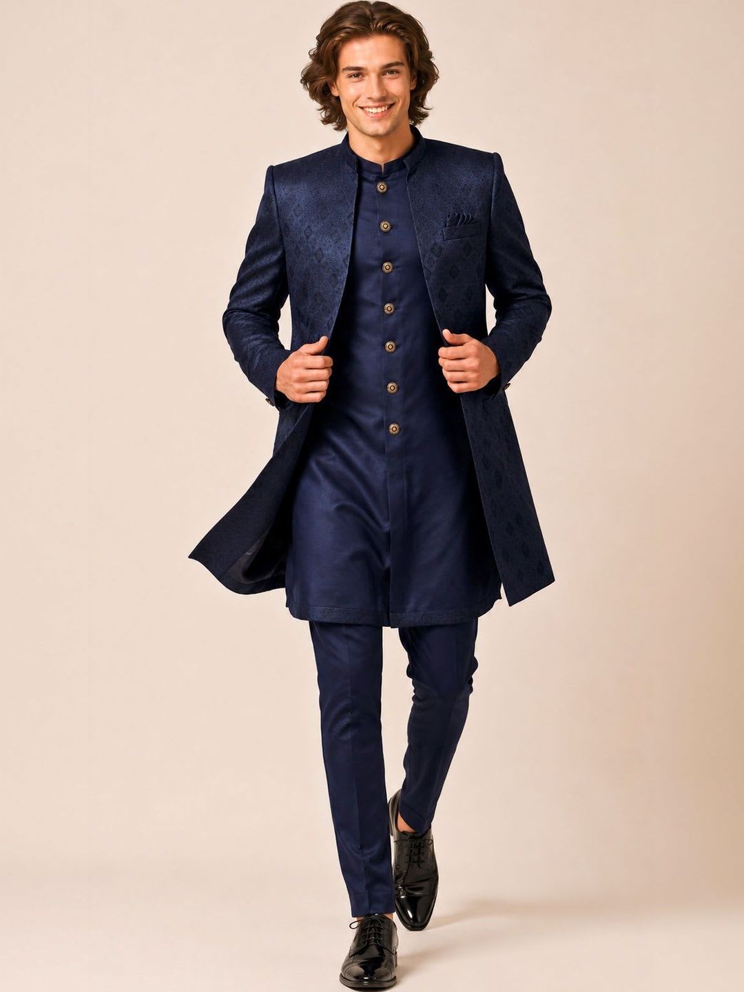 House of Pataudi Men's Navy Blue Self-Jacquard Layered Indo-Western Sherwani with Matching Trousers - default view