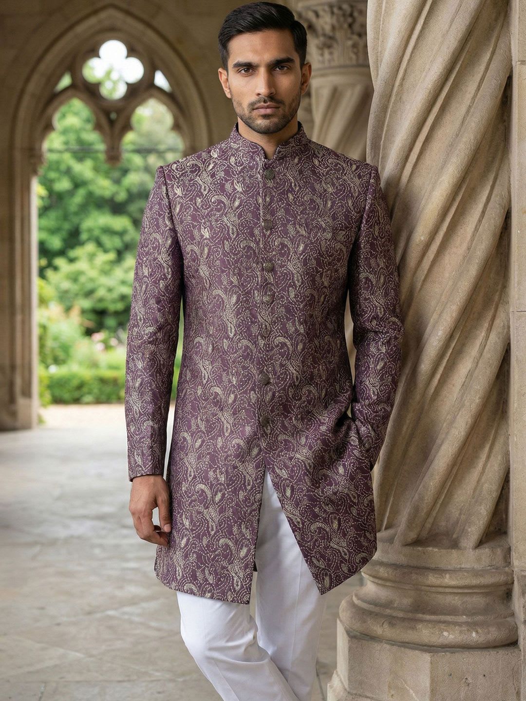 Jompers Self Design Mandarin Collar Sherwani - default view