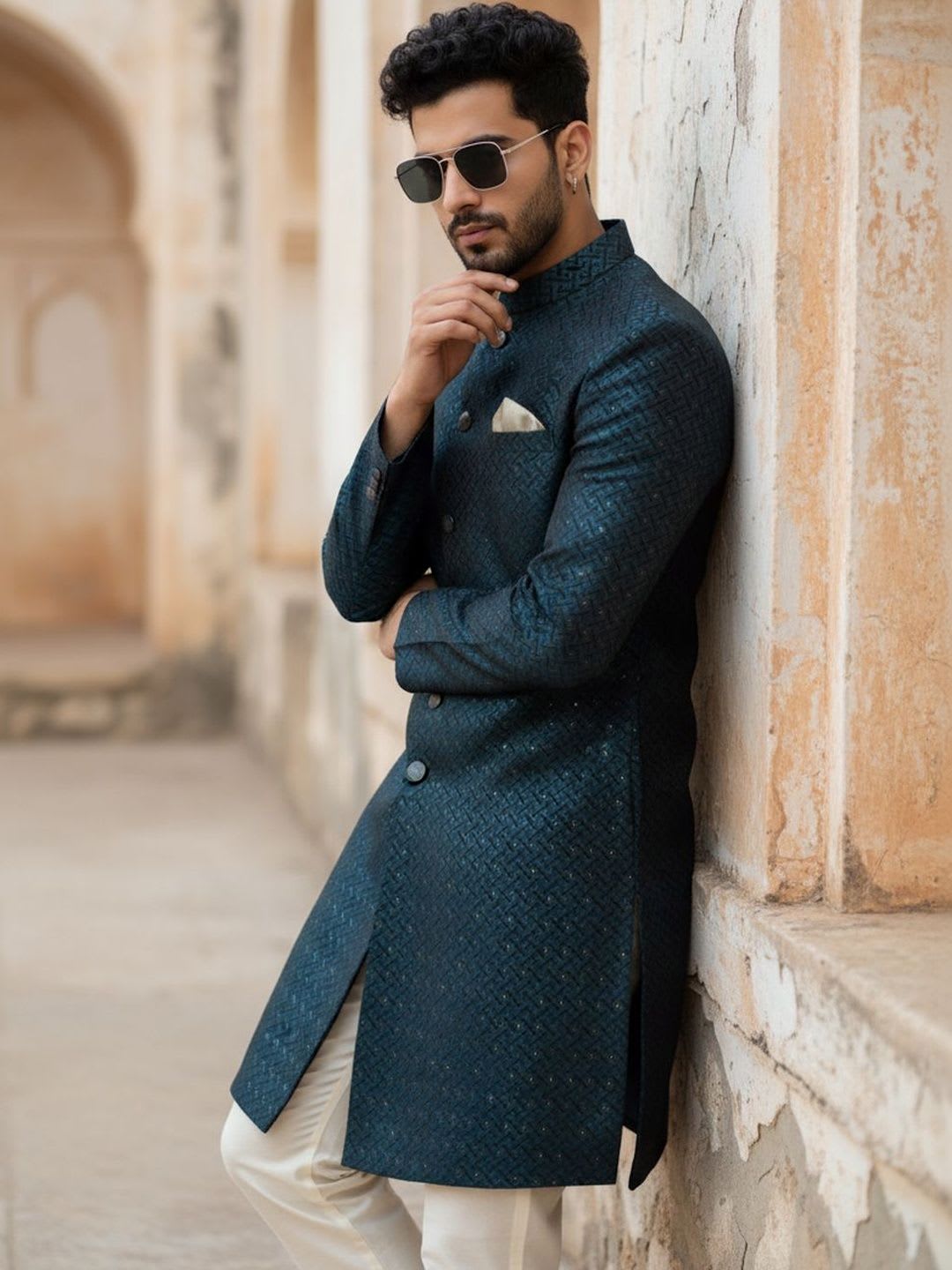 KISAH Men Blue Textured Indowestern Collar Sherwani Trouser Set - default view