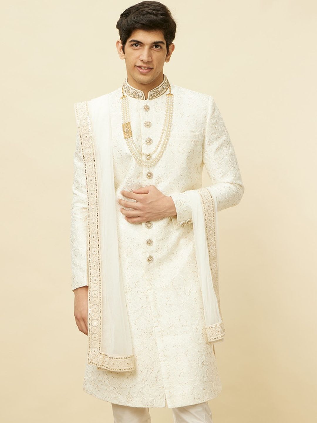 Manyavar Men Self-Design Raw Silk  Sherwani Set - default view