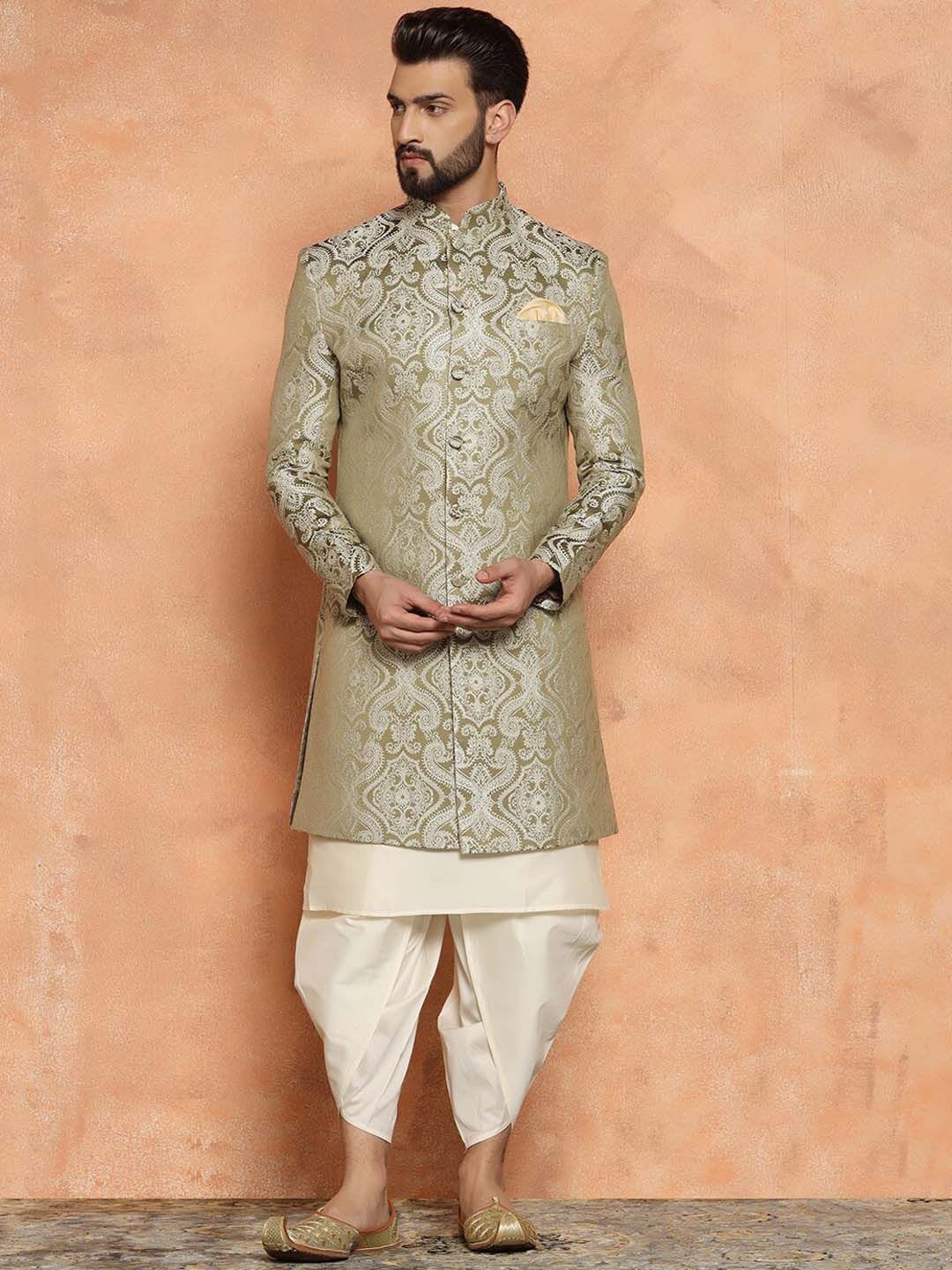 KISAH Men Olive Woven Design Mandarin Collar Indowestern Sherwani Set - default view