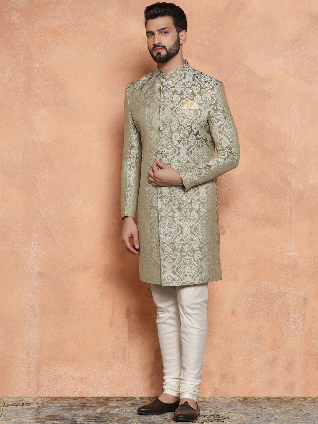 KISAH Men Olive Woven Design Straight Indowestern Sherwani Set - default view
