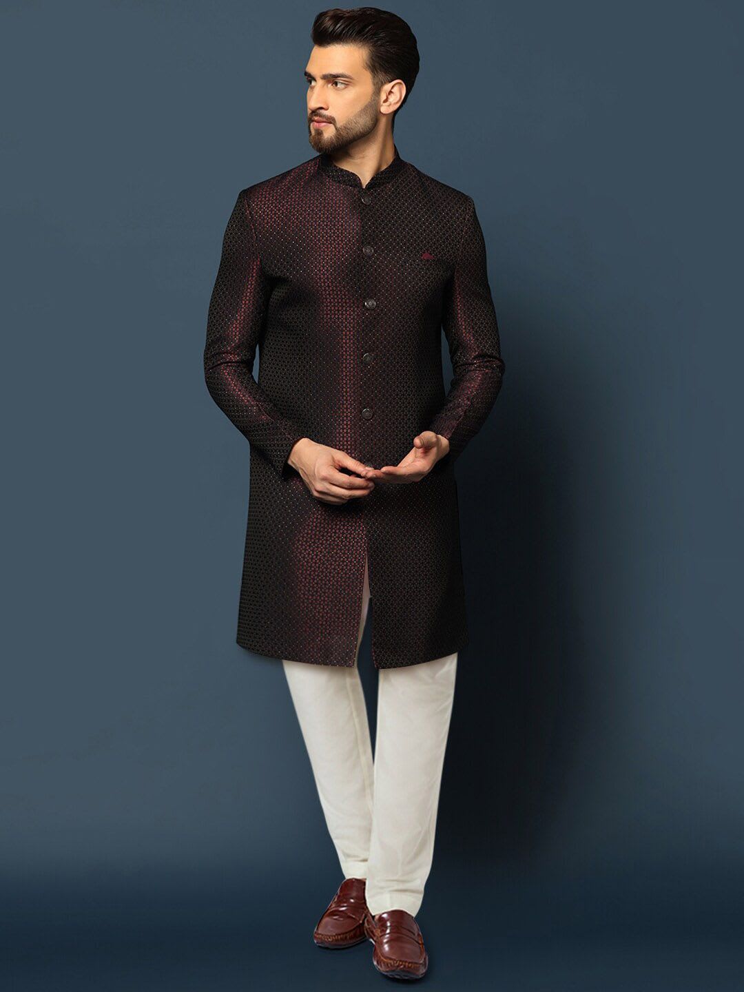 KISAH Men Purple Woven Design Cotton Indowestern Sherwani Churidar Set - default view