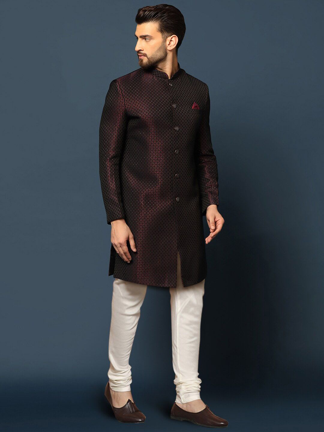 KISAH Men Purple Woven Design Cotton Indowestern Sherwani Churidar Set - right view