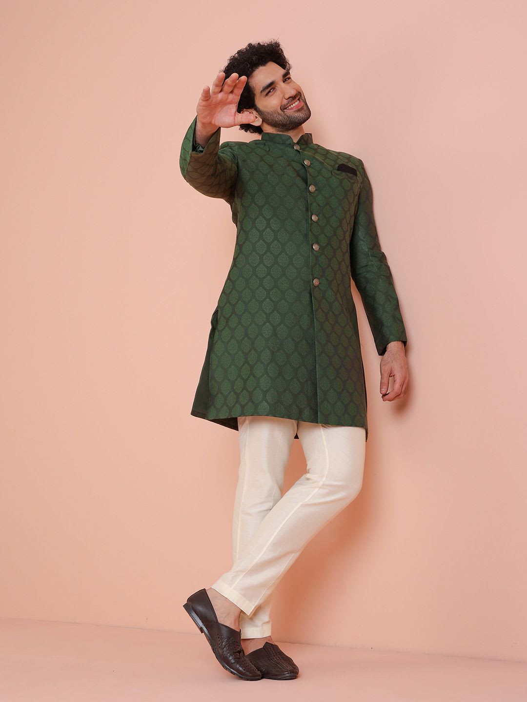 KISAH Men Olive Woven Design Indowestern Sherwani Set - default view