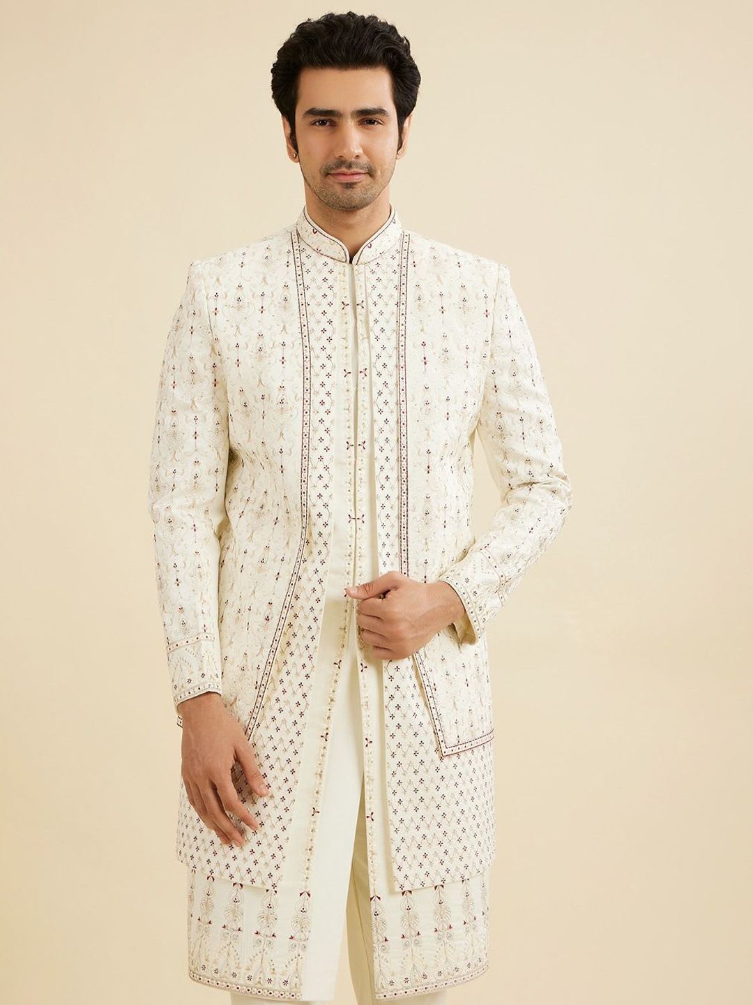 Manyavar Men Woven Design Embroidered Mandarin Collar Sherwani Set - default view