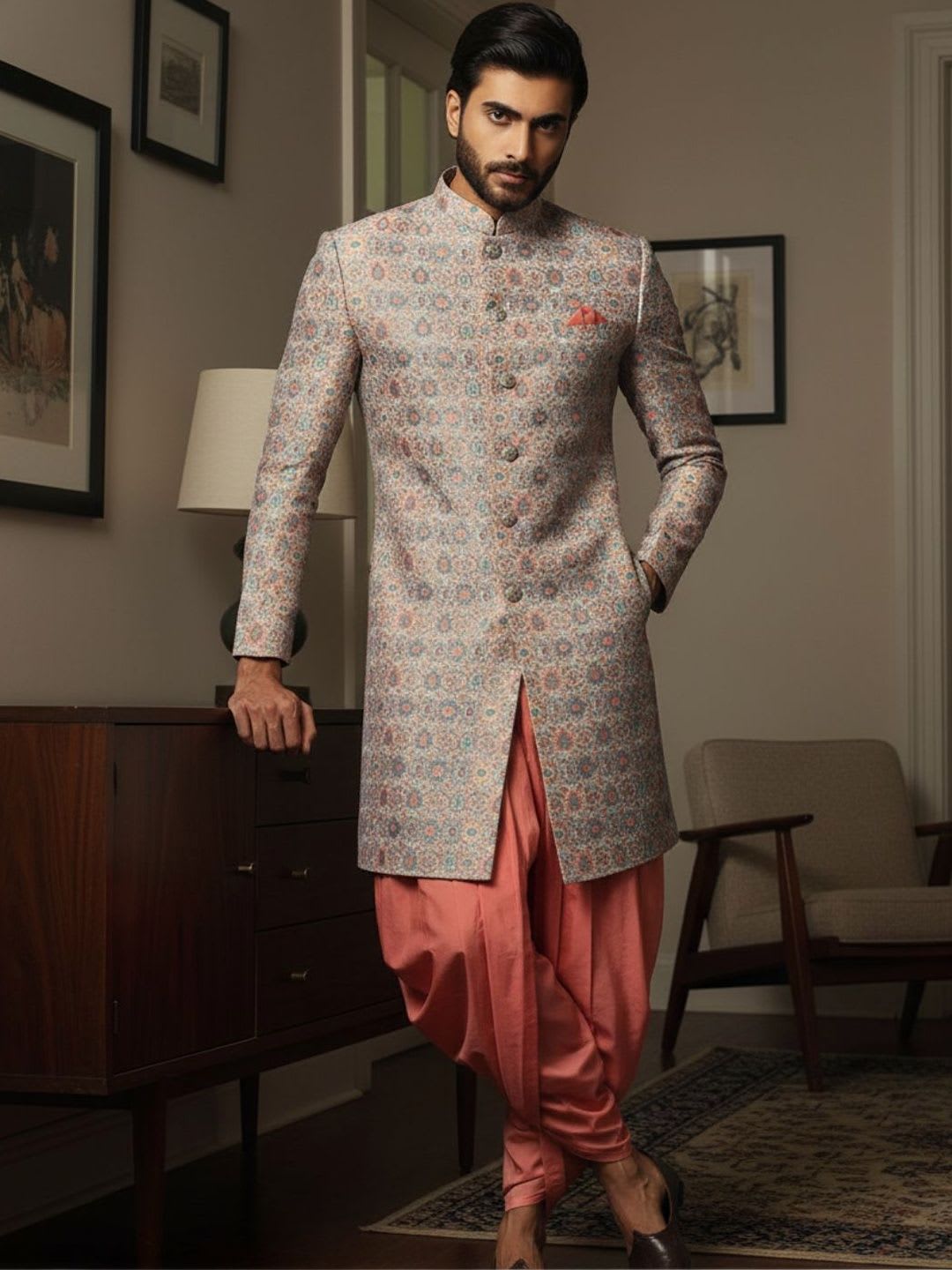 KISAH Men Self Design Jacquard Indowestern Sherwani Dhoti Set - default view
