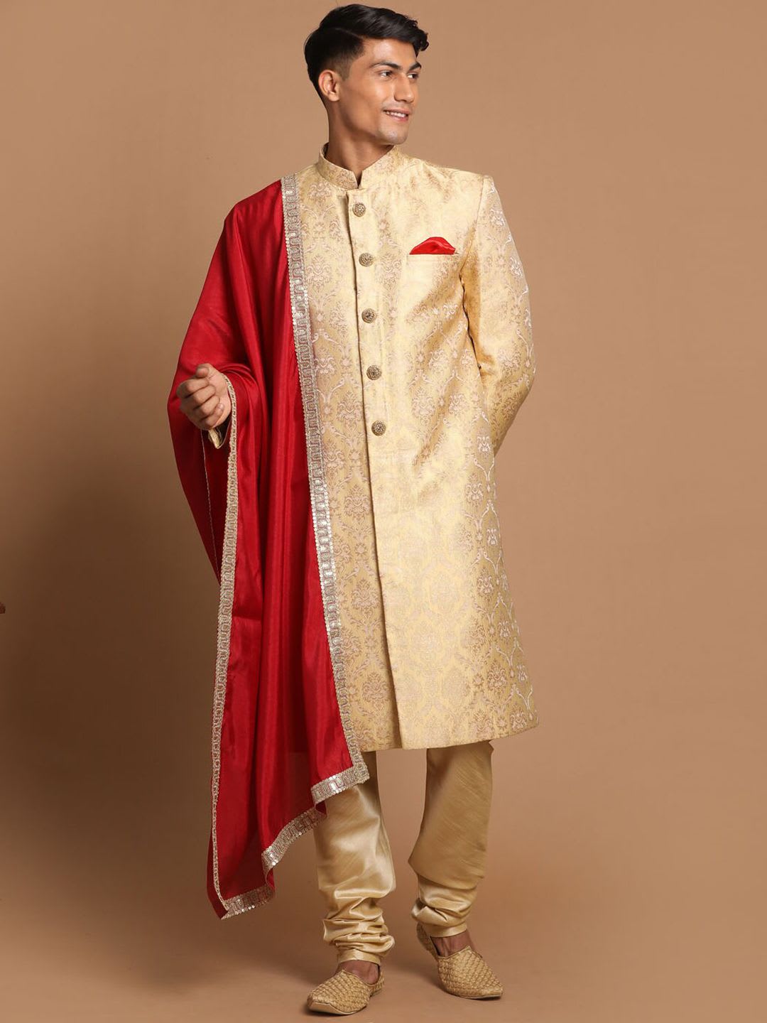 VASTRAMAY Men Red & Cream Woven Design Sherwani Set - default view