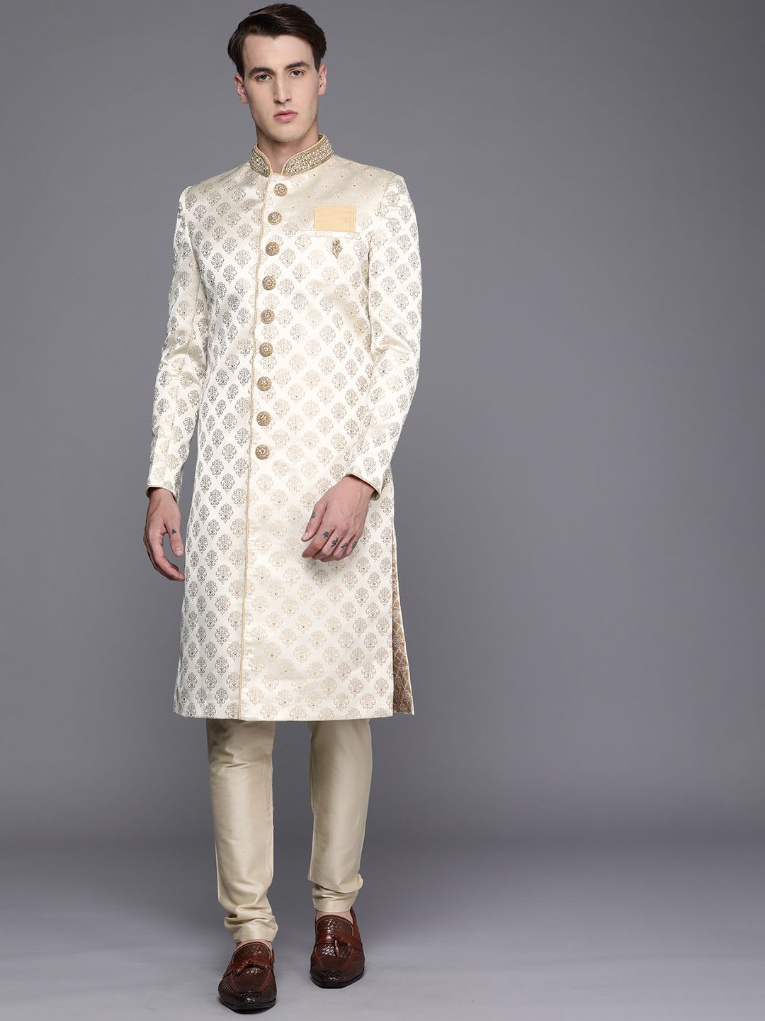Manyavar Men Beige Ethnic Motifs Sherwani Set - default view