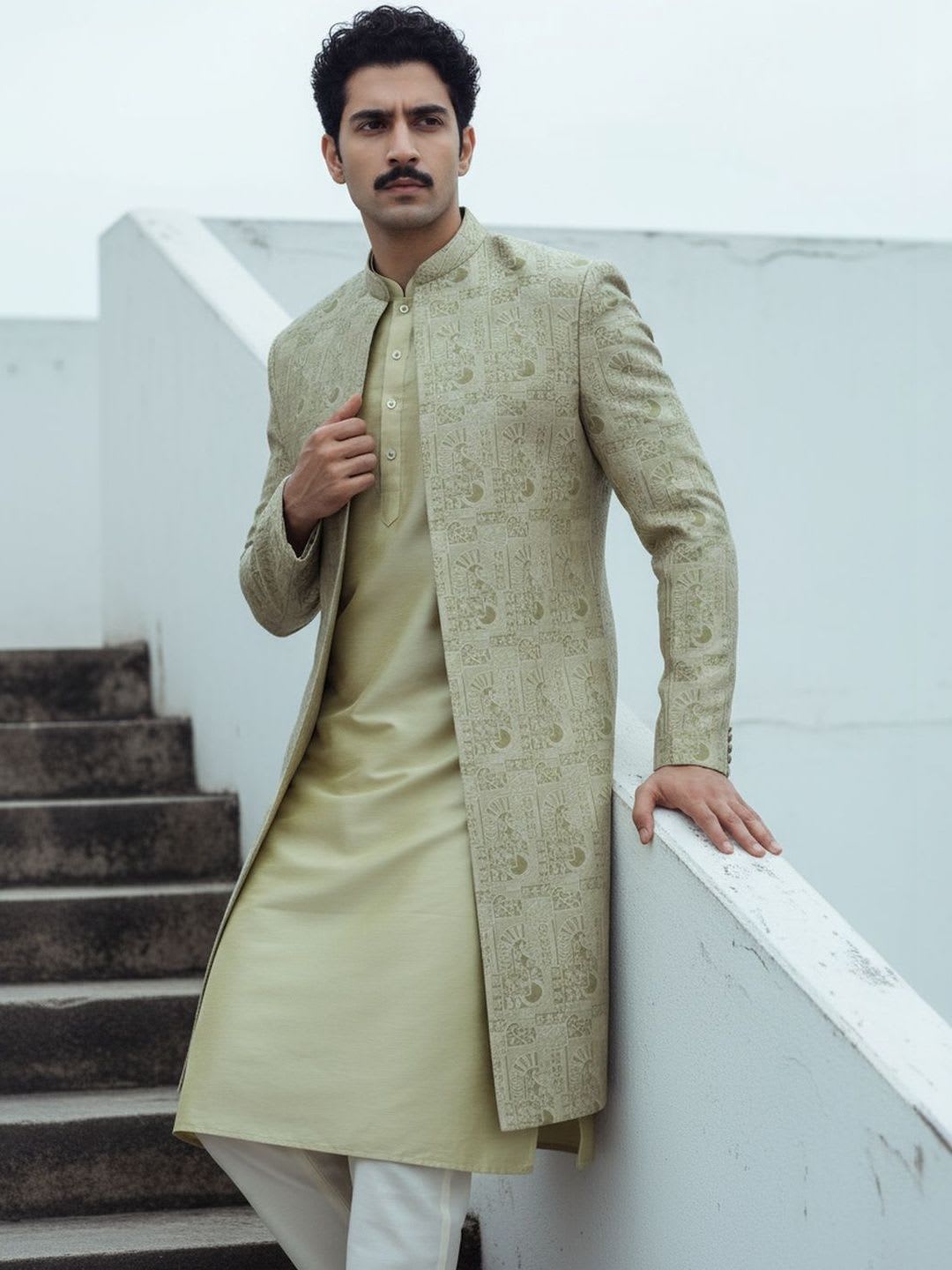 KISAH Men Golden Embroidered Kurta Front Open Indowestern Collar Sherwani Trouser Set - default view