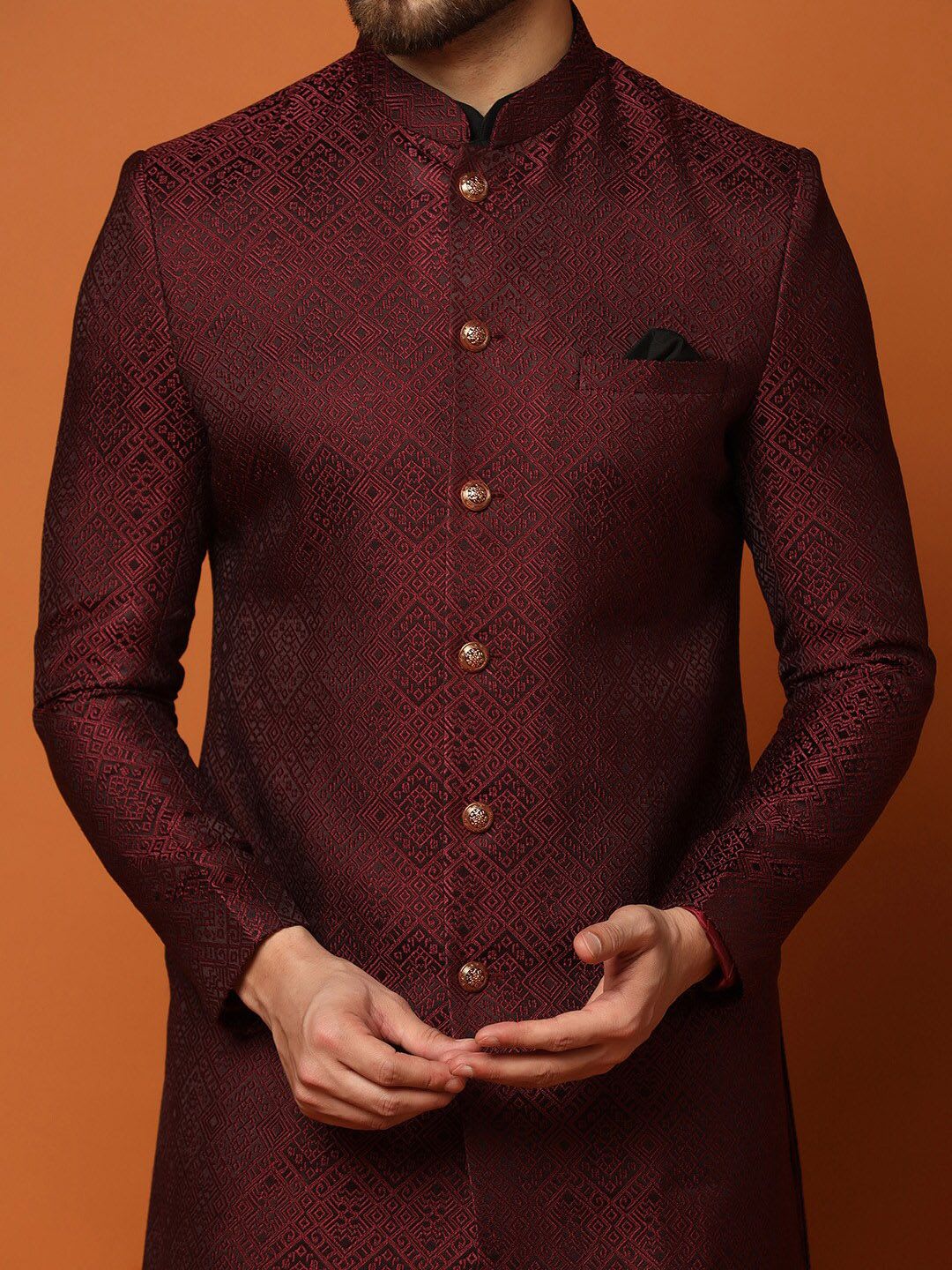 KISAH Purple Self-Design Cotton Sherwani Set - back view