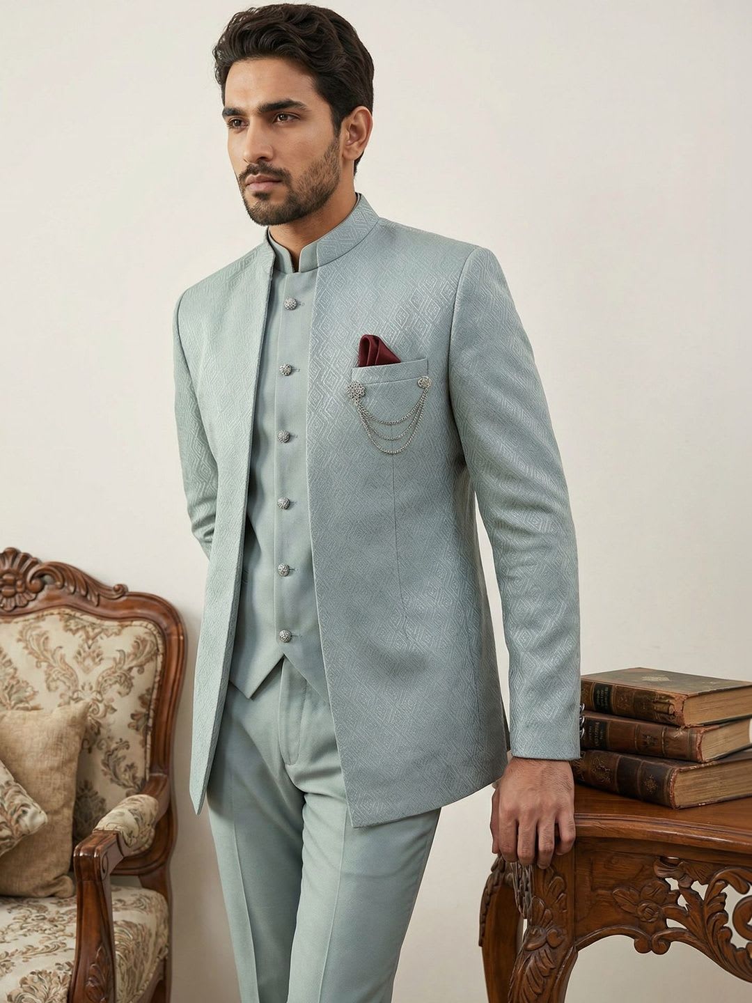 Jompers Textured Mandarin Collar Sherwani - right view
