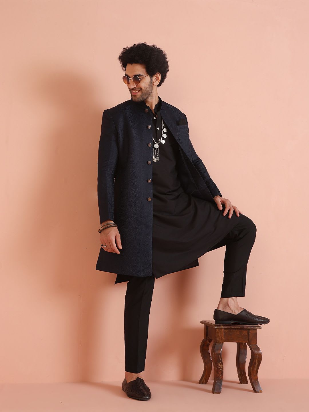 KISAH Men Navy Blue Self-Design Cotton Indowestern Sherwani Set - default view